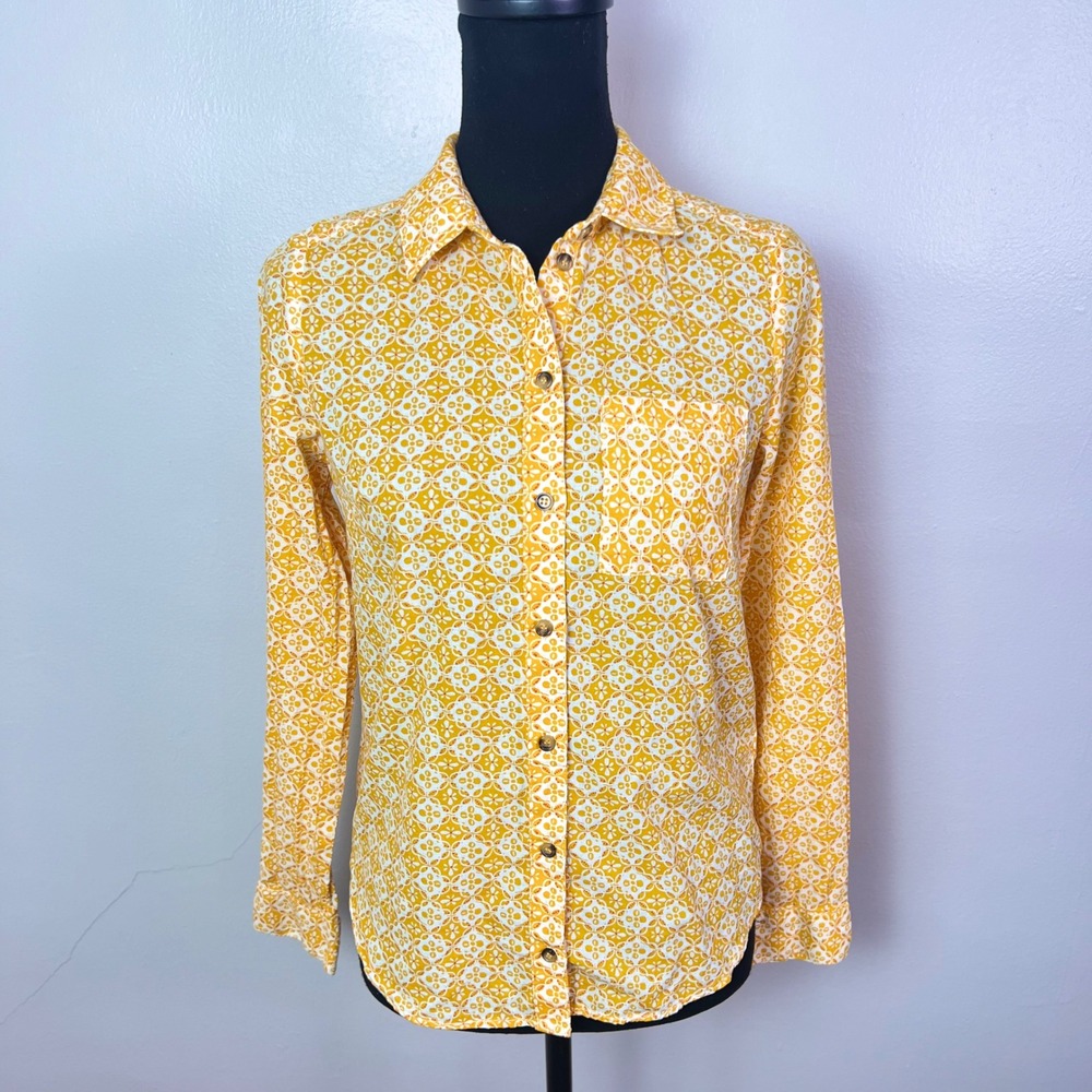Maeve Anthropologie Button Down Shirt 2 Orange Geometric Tile Boho Cottagecore